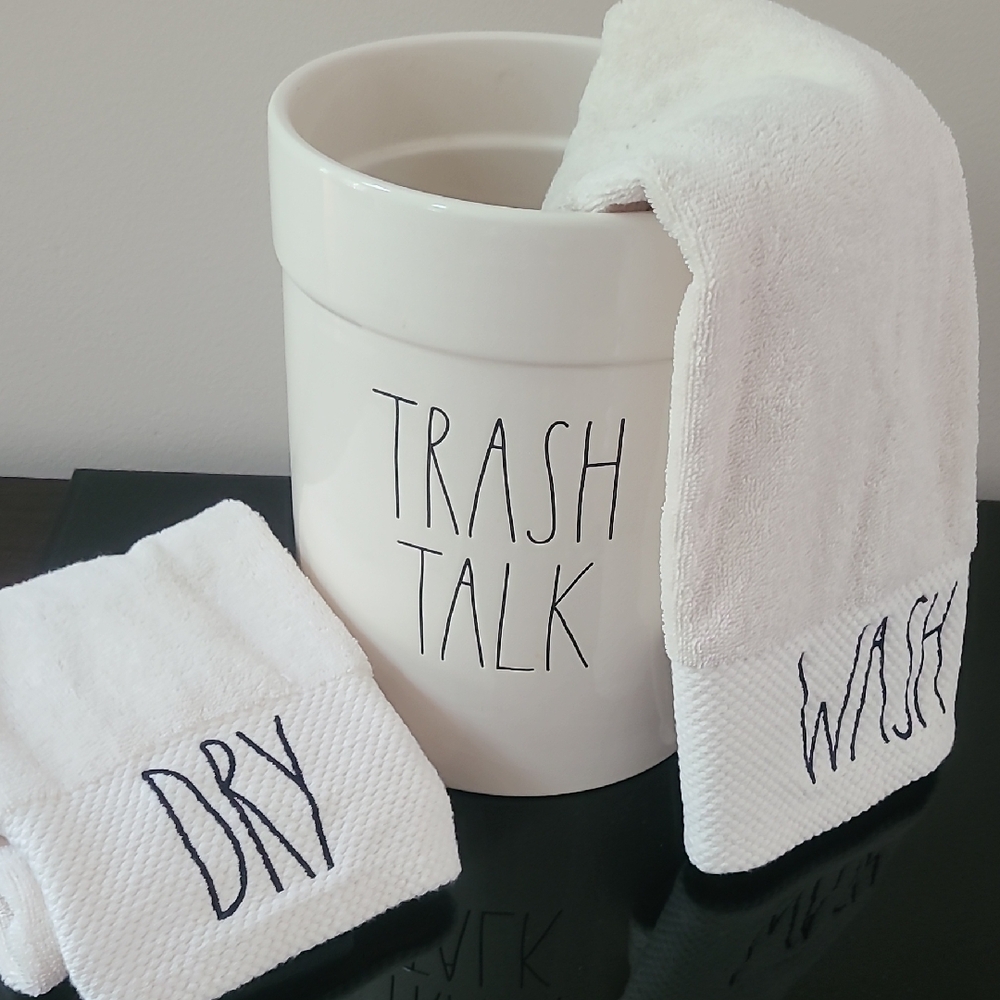 White Ceramic Trash Can with Towels